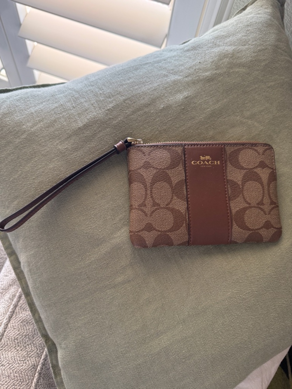 Coach Brown Signature Canvas Wristlet with Leather Trim Zipper